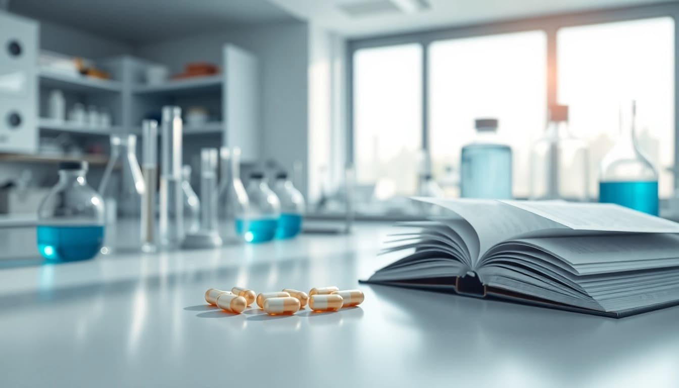 Showcase 5-amino-1mq capsules with scientific instruments in a professional research lab.