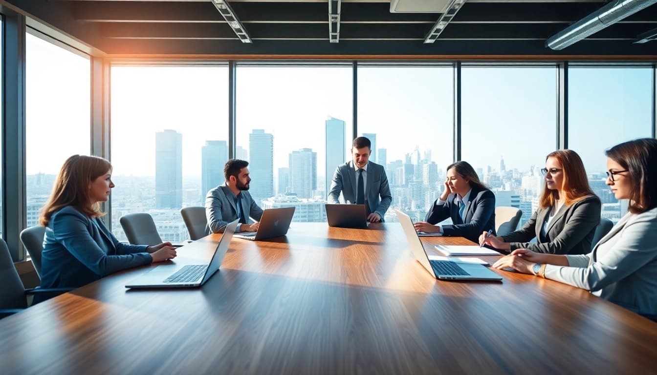 Engaging professionals analyzing merchant cash advance leads in a modern office.