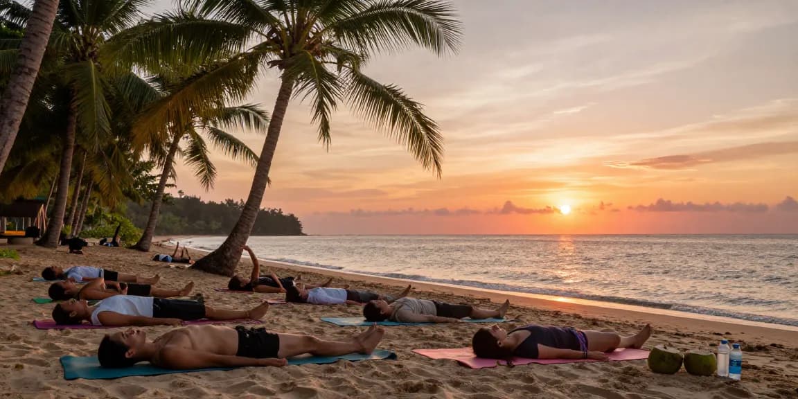 Participants enjoying a wellness retreat practicing yoga on a tropical beach during sunset.