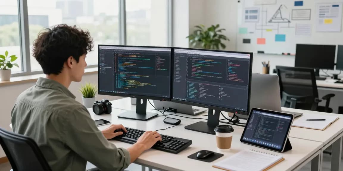 Build internal tools with AI in a modern workspace featuring a developer coding at dual monitors.