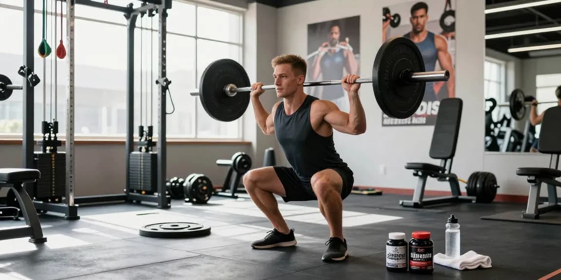 Fitness enthusiast performing barbell squats in a bright gym, representing the Steroid Shop's role in bodybuilding success.