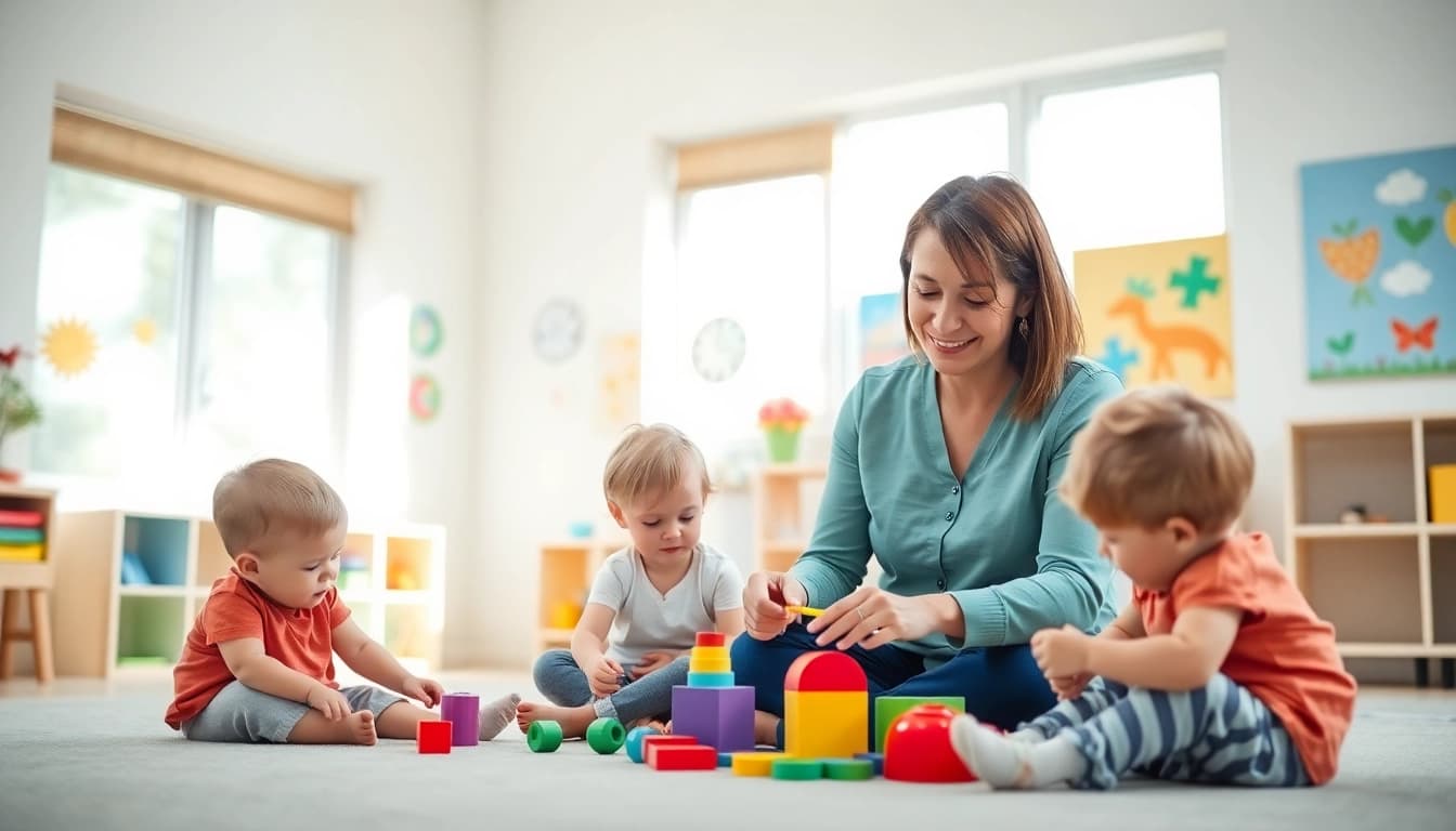 Children participate in ABA therapy in Brighton with a supportive therapist in a bright classroom setting.