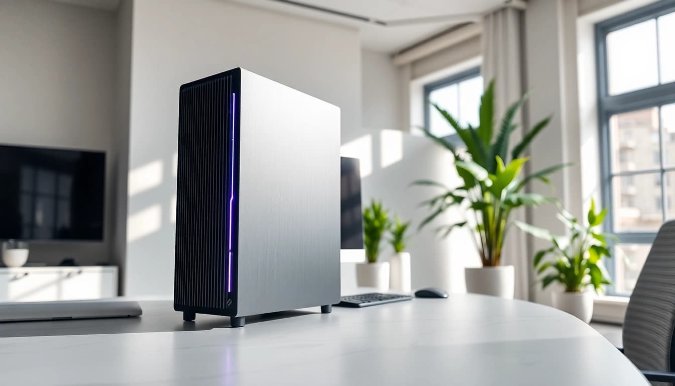 Προγραμματισμένος υπολογιστής pc σε κομψό γραφείο με φυσικό φωτισμό.
