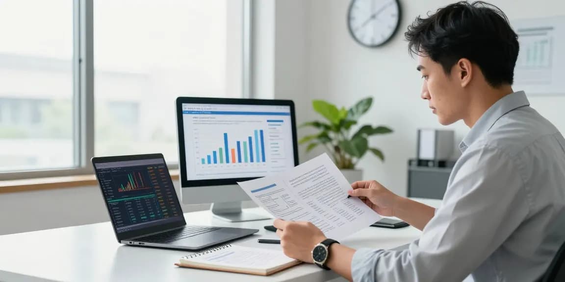 Entrepreneur analyzing SBA loan to buy a business in a modern office setting with market data.