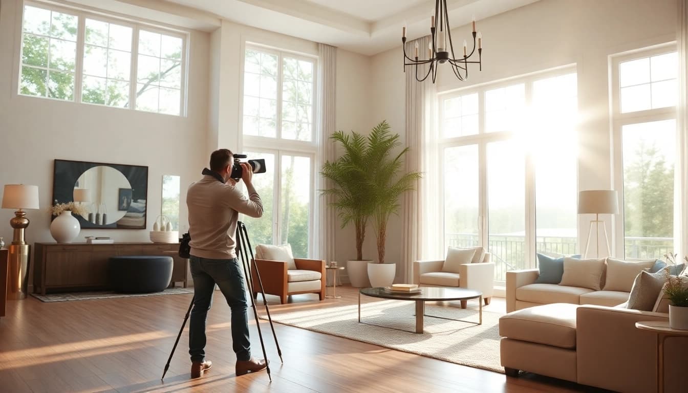 Real Estate Photographer capturing a beautifully lit interior space with professional equipment.