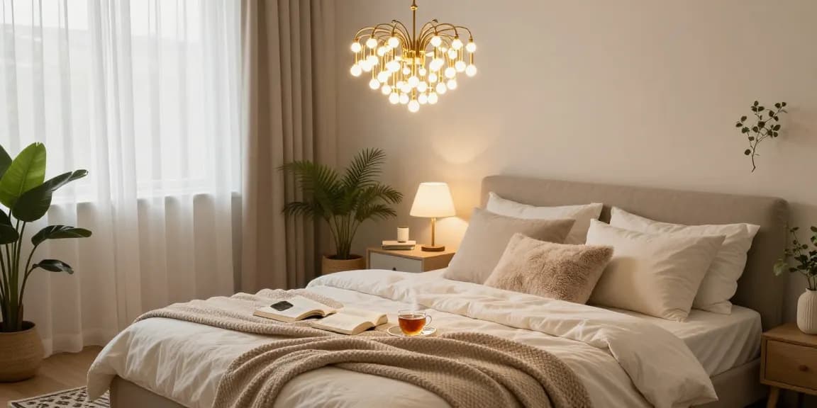 Lustra dormitor elegantă de LED într-un interior confortabil, cu atmosferă caldă.