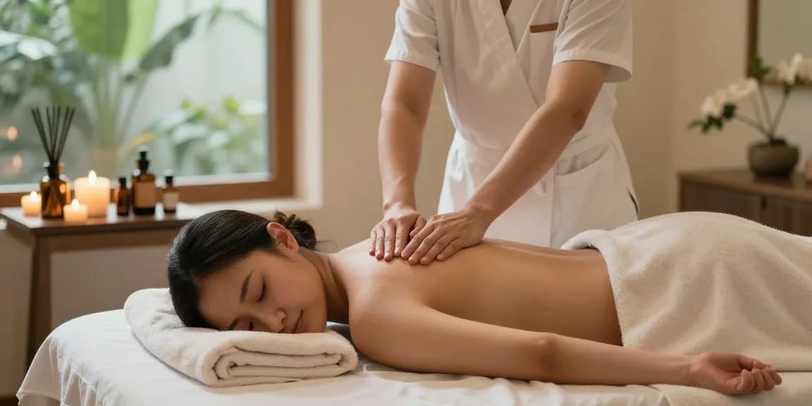 마사지 테라피룸에서 아로마 오일과 함께 스웨디시 마사지 중인 모습