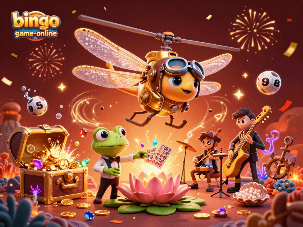 Bingo-game-online jackpot scene featuring a dragonfly pilot and frog croupier surrounded by bubbles and treasure.