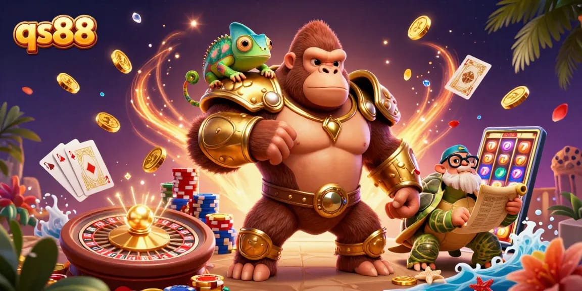 Experience qs88 with a gorilla king, chameleon spy, and tortoise elder in a vibrant casino scene.