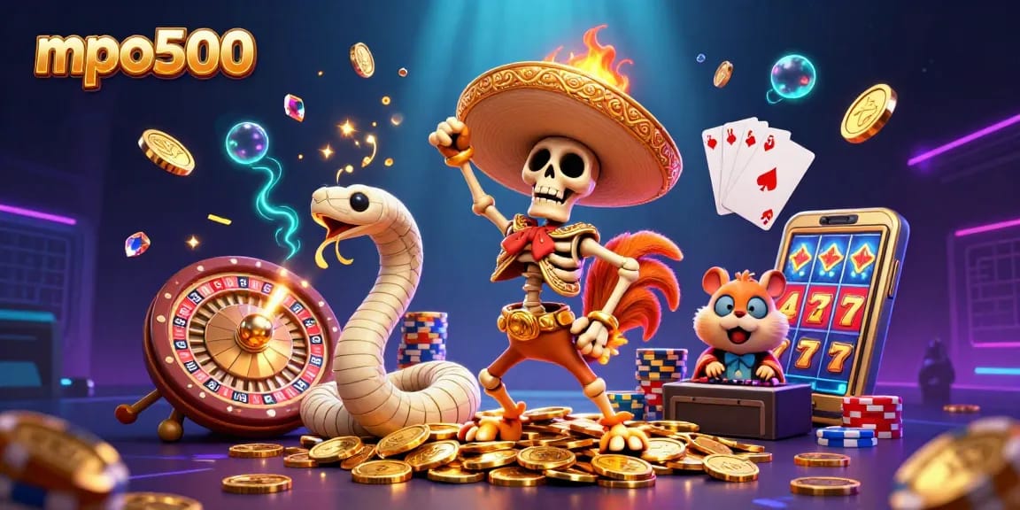 MPO500's vibrant illustration shows action-packed gaming elements like slot machines, poker chips, and more.