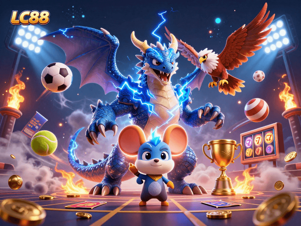 Engage with LC88's thrilling gaming world featuring dynamic 3D characters and casino elements.