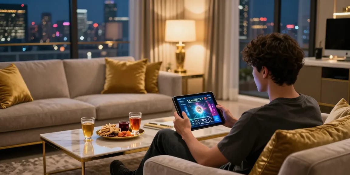 Pengalaman bermain game online LUXURY777 yang mewah di ruang tamu yang nyaman dengan sentuhan elegan.