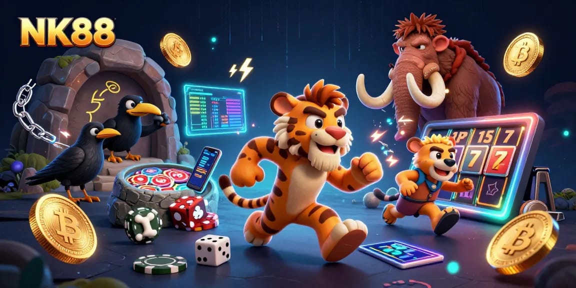 Experience the excitement of NK88 as prehistoric characters play with vibrant crypto elements.
