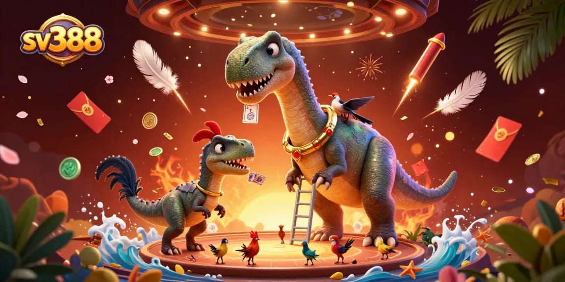 Experience SV388's captivating online cockfighting with an energetic 3D illustration