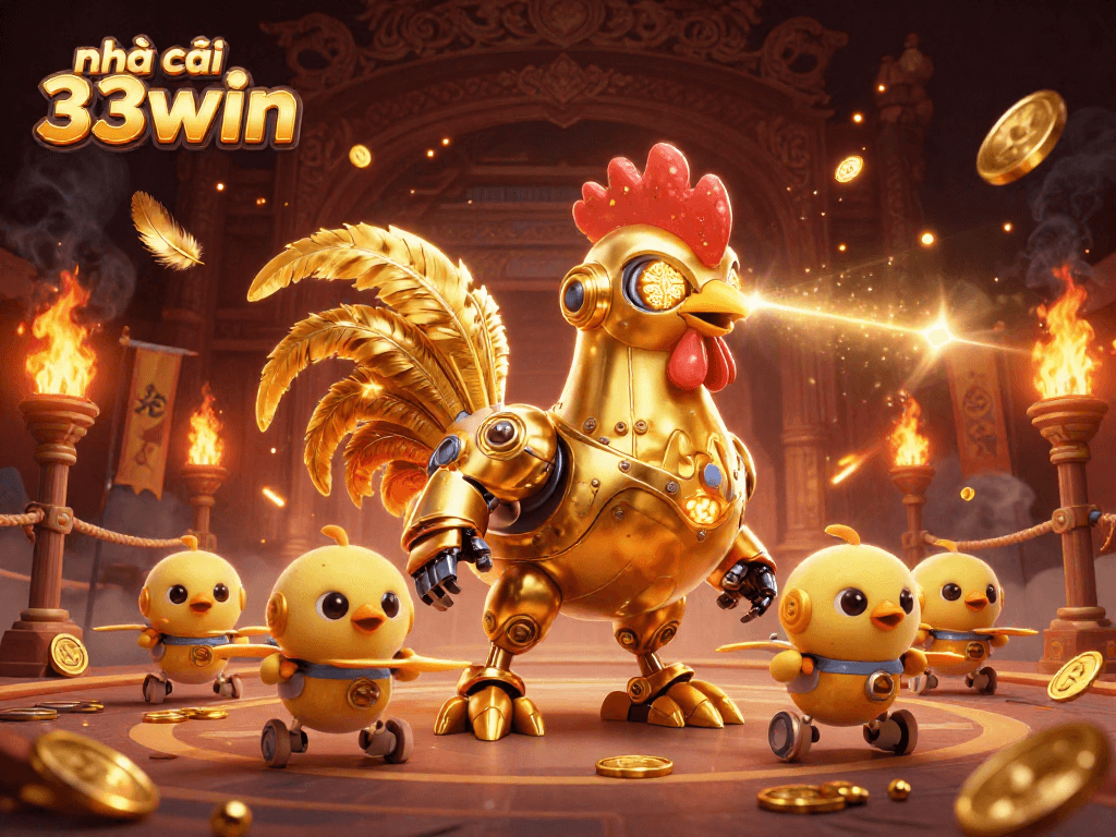 Engage with the action at nhà cái 33win, featuring a futuristic rooster robot and chick drones in a vibrant casino scene.