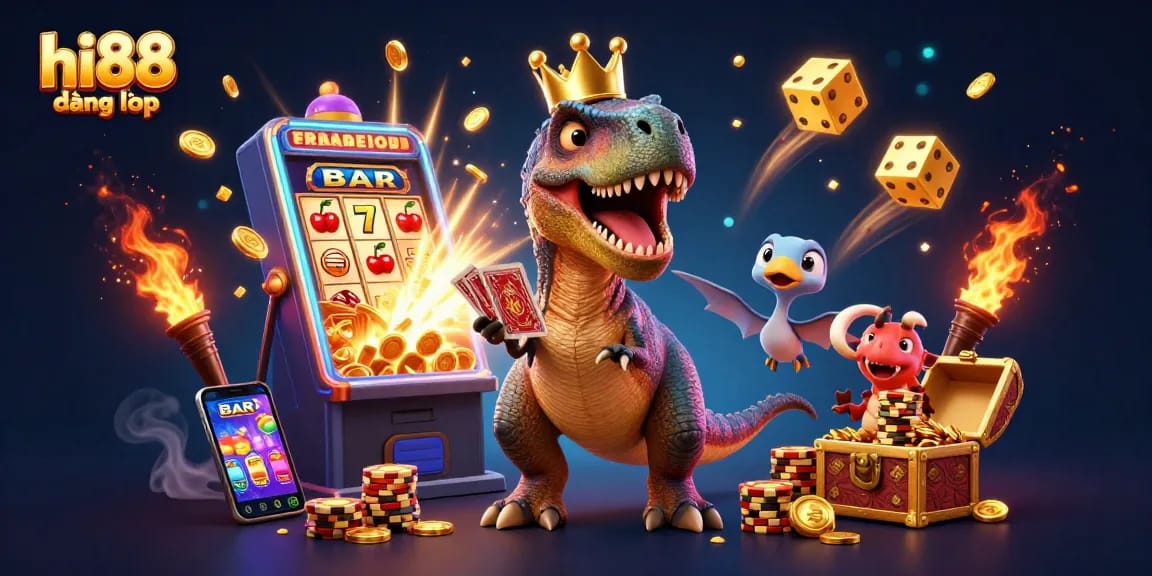 Experience the thrill of hi88 đăng nhập with cartoon dinosaurs in a vibrant casino scene full of jackpots and excitement!
