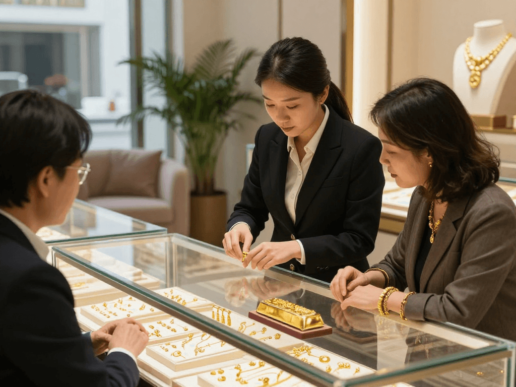 mantra88 gold jewelry display in elegant store with expert assistance