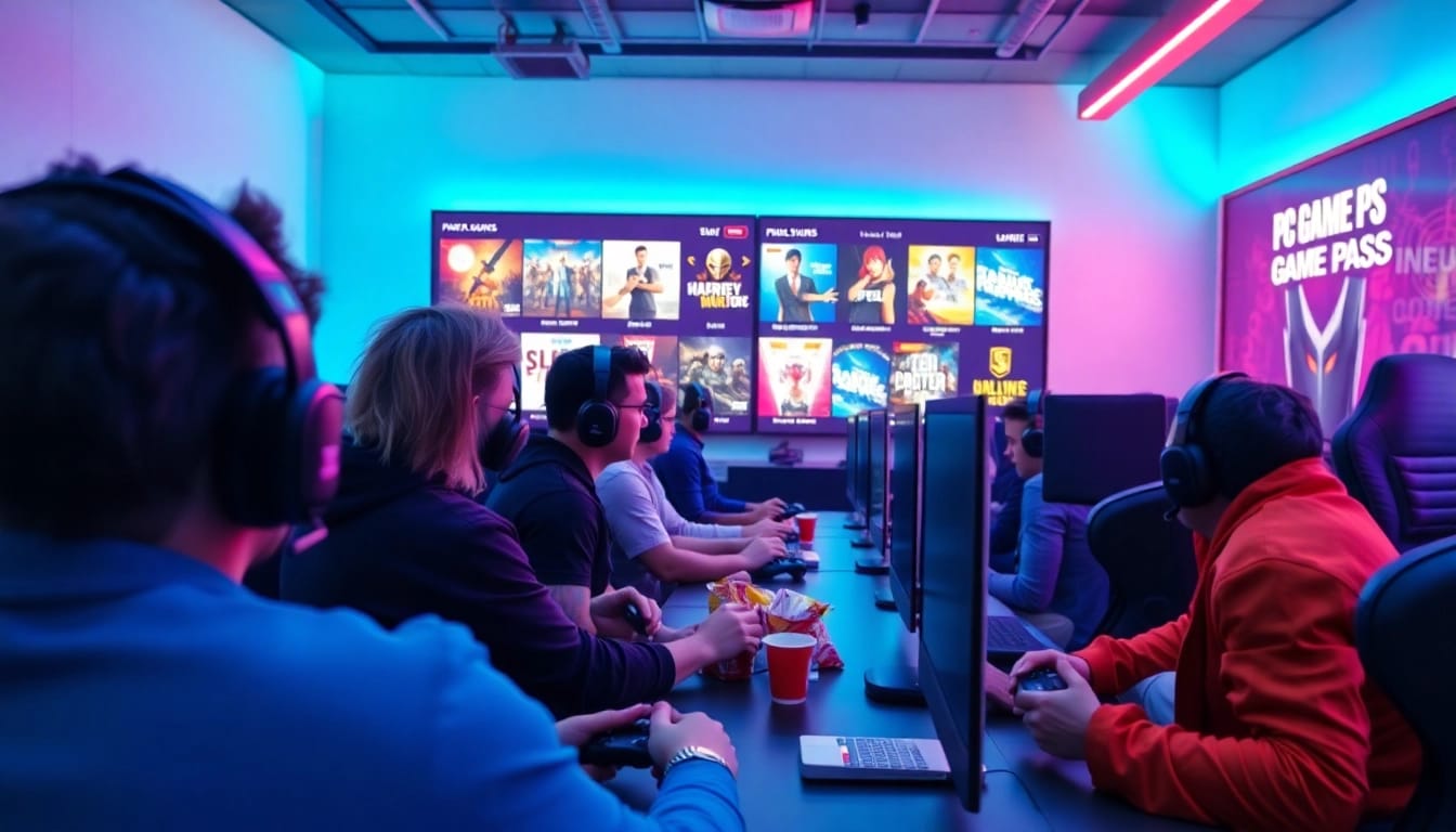 Engaged group of gamers playing PC Game Pass games in a colorful gaming lounge setting.