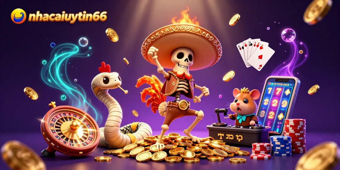 nhacaiuytin66 showcases a vibrant scene with a victorious skeleton rooster, mummy snake, and DJ hamster celebrating with golden coins and casino elements.