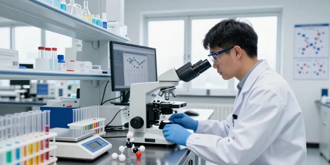 See research peptides on MiraviGLP with scientists analyzing peptide samples in a modern lab.