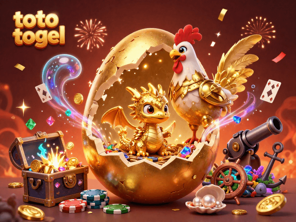 Toto togel offers a thrilling experience as a golden dragon nestles atop poker chips surrounded by vibrant casino elements.