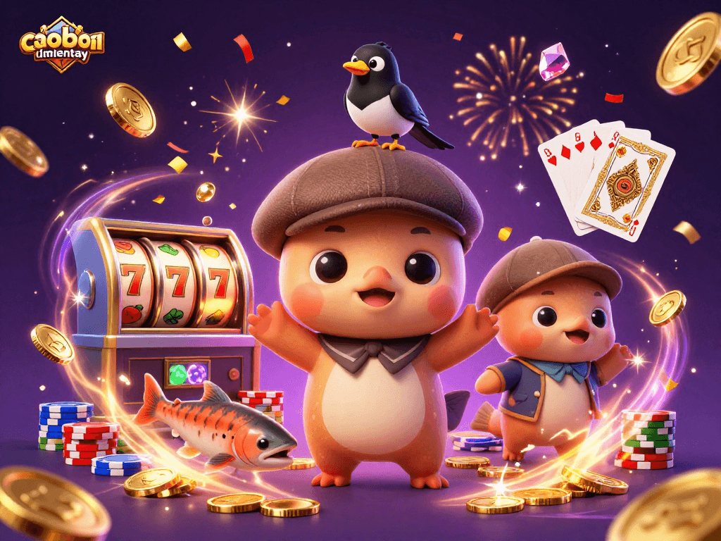 Cute 3D scene featuring caoboimientay with baby Nessie, gold coins, and sparkling gems, celebrating big wins.