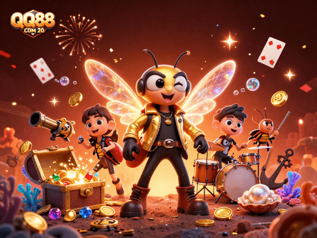 Experience QQ88 COM 20 with a vibrant 3D scene of a cicada rock star in a dazzling casino atmosphere.