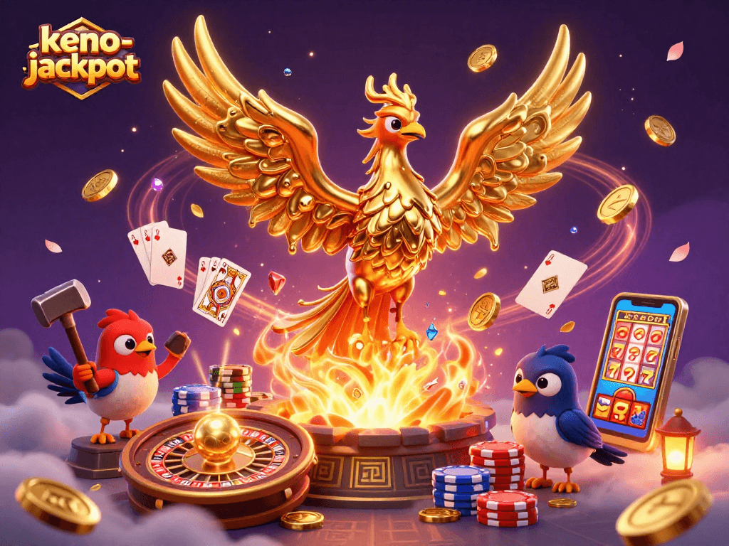 Experience thrilling keno-jackpot gameplay with a dynamic golden phoenix scene, showcasing casino excitement.