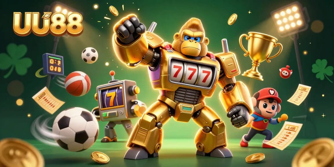 Experience thrilling gaming with UU88's golden gorilla mech in an action-packed casino illustration.