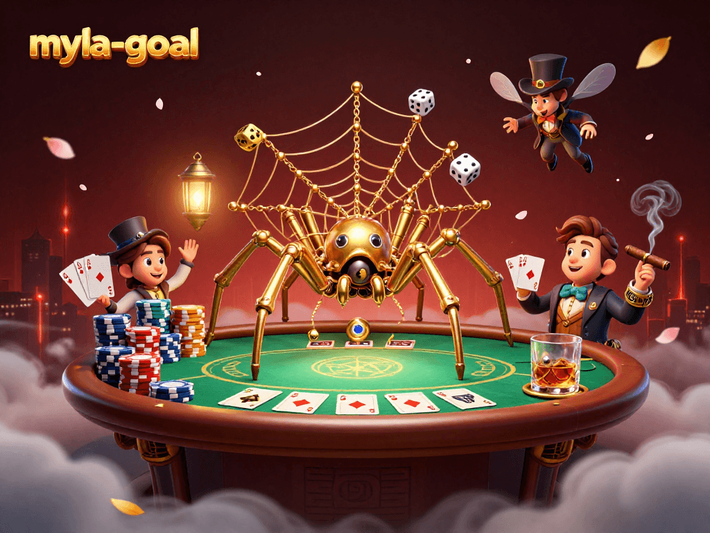 Experience myla-goal with a steampunk spider catching dice in an extravagant casino web.