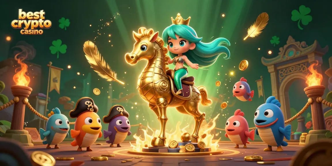 Mejora tu experiencia en el mejor crypto casino con una sirena y un caballito de mar en acción.