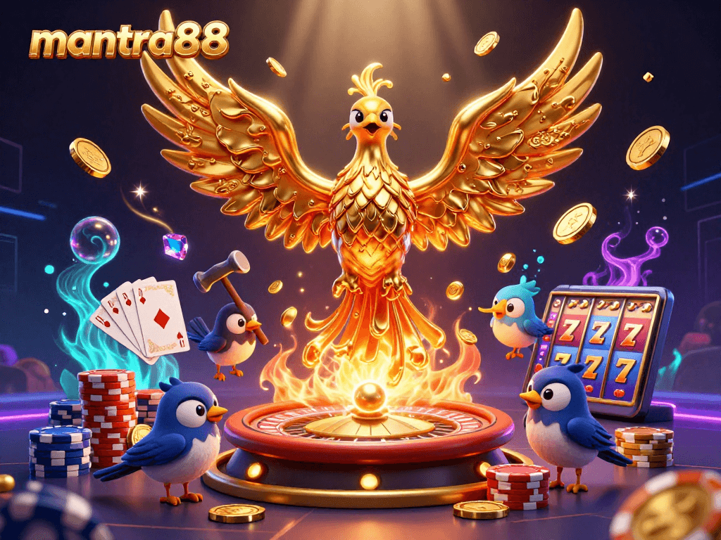 Experience the thrill of mantra88 with a molten golden phoenix and casino elements in an exciting 3D scene.