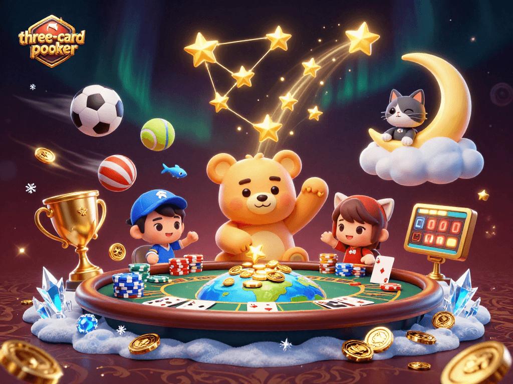 Engage in three-card-poker action with colorful cards and vibrant characters scooping up coins.