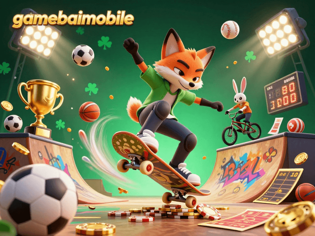 Gamebaimobile showcases a thrilling 3D scene with a skateboarder fox and BMX rabbit amidst dynamic casino-themed elements.