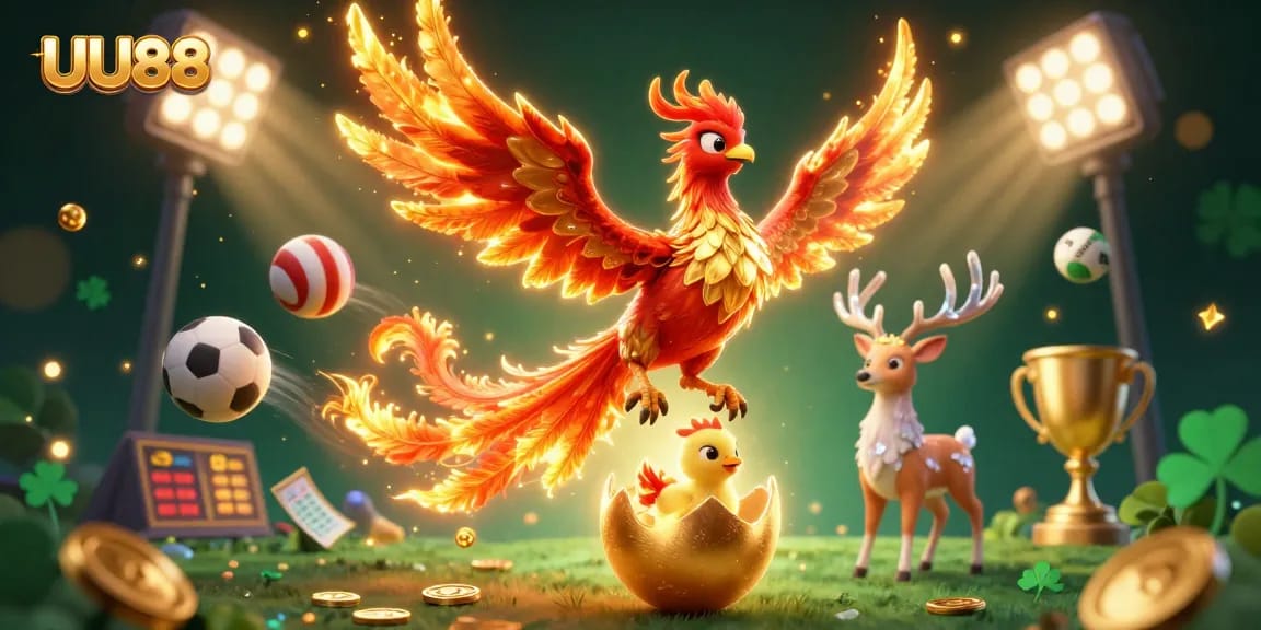 Celebrate wins at UU88 with a vibrant 3D illustration of a phoenix and sports elements!