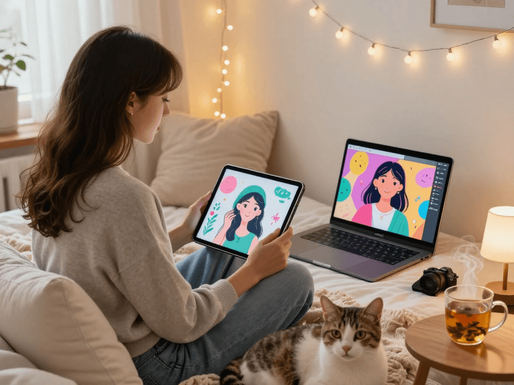 Engaging moment between a young woman and her nsfw ai girlfriend on a tablet, cozy bedroom setting.