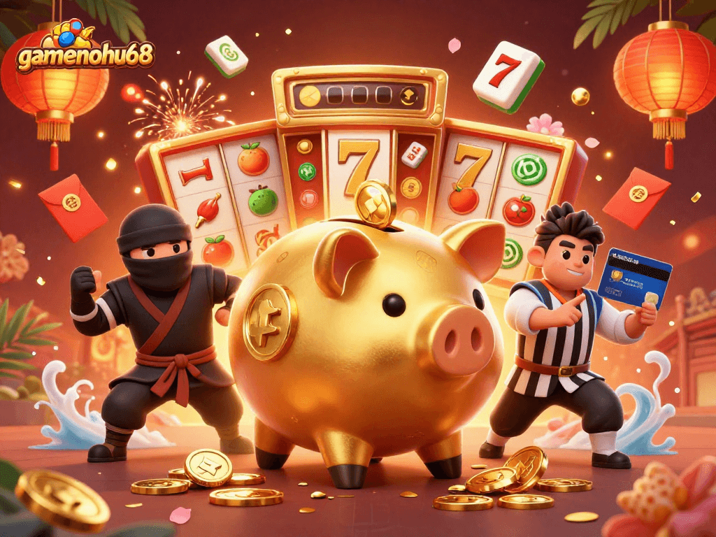 Experience thrilling jackpots with gamenohu68's vibrant casino illustration featuring slot reels and playful characters.