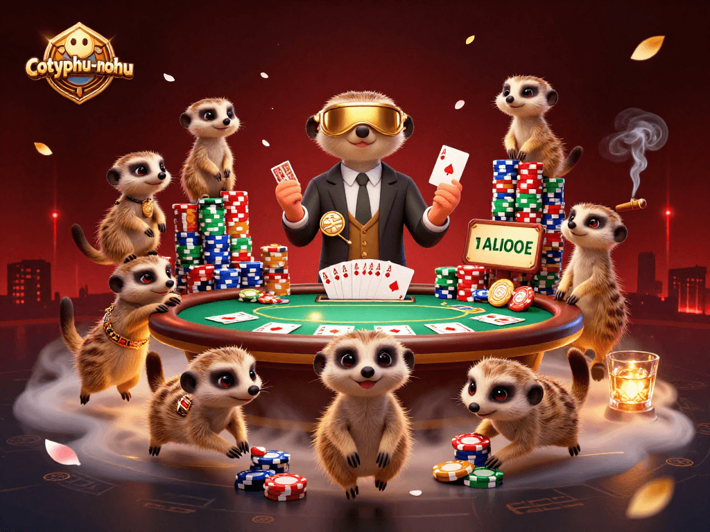 Engage in thrilling gameplay at cotyphu-nohu with strategic poker interactions among vibrant meerkat characters.
