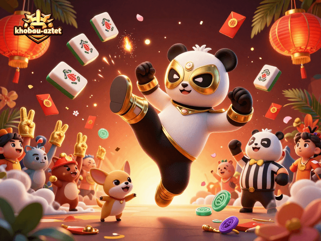 Experience dynamic action in khobau-aztec with a wrestler panda and vibrant casino elements