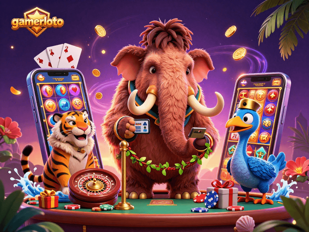 Experience the vibrant world of gamerloto through a dynamic 3D illustration featuring casino characters.