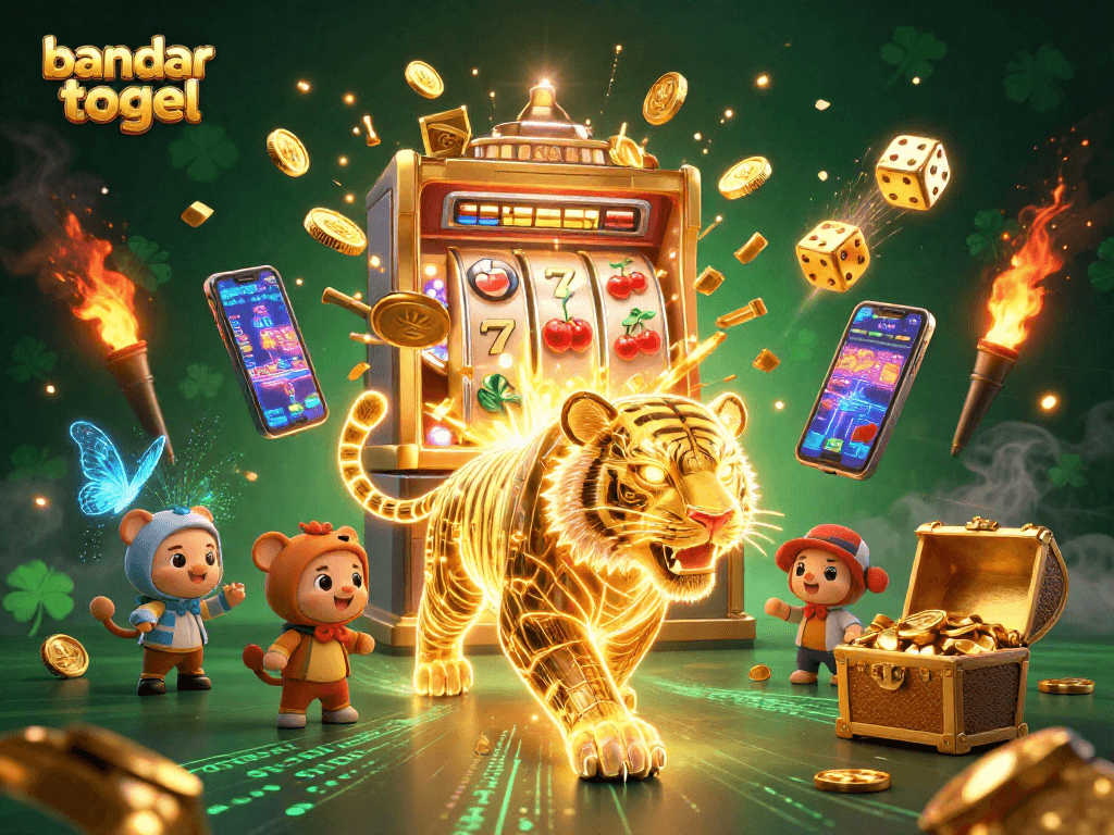 Engage with bandar togel in a dazzling digital casino, featuring a neon-wireframe tiger amidst slot machines and jackpot excitement.
