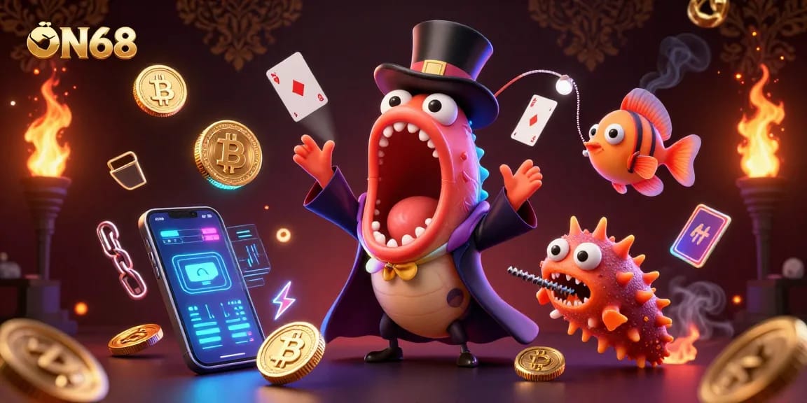 Experience magic at ON68 with a glowing scene of deep-sea characters showcasing enchanting casino elements.