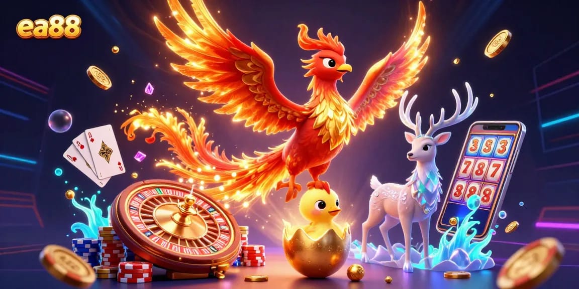 Experience the thrill of ea88 slots with a dynamic scene featuring a phoenix, treasures, and casino elements.