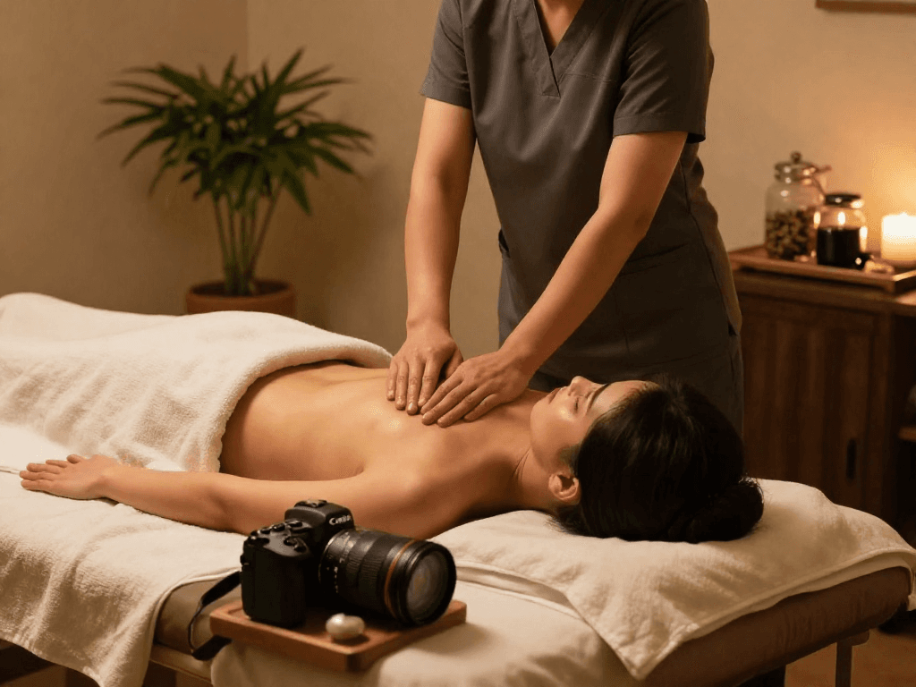 Relaxing body massage session at Balanced Massage featuring mantra88 aromatherapy oils and a soothing environment.