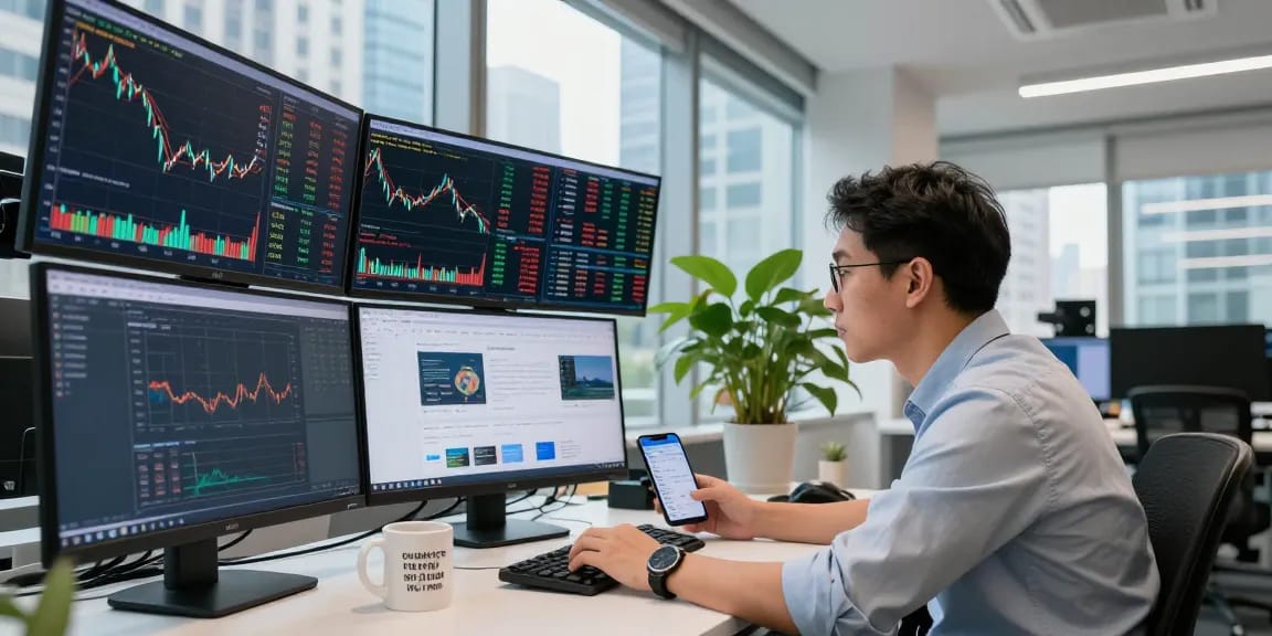 Trader analyzing stock data in a high-tech office environment for 456bd financial insights.