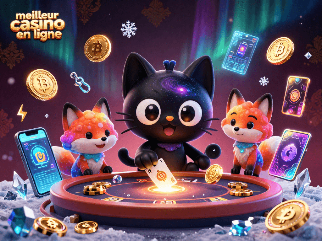 Jouez pour gagner au meilleur casino en ligne, une illustration captivante d'un chat noir de trou de ver entouré de jetons et de cartes.