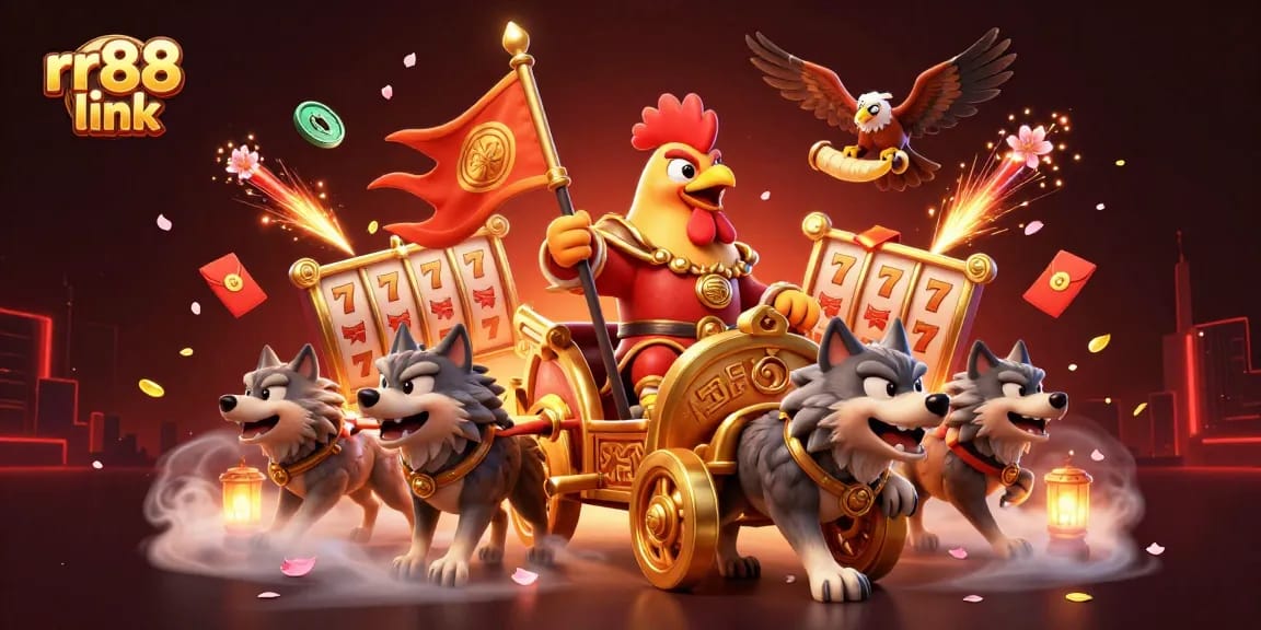 Experience the excitement of rr88 link with a dynamic casino scene featuring a rooster warlord and rich gambling elements.