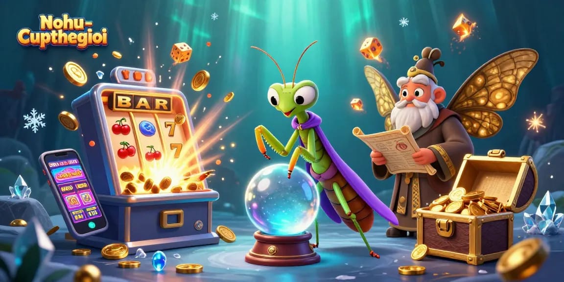 Nohu-cupthegioi reveals winning strategies with a vibrant 3D casino depiction of fortune tellers and luck.