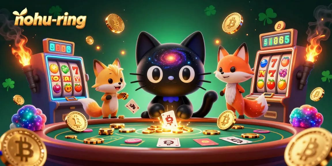 Experience excitement with nohu-ring at a vibrant cosmic casino, featuring a playful black hole cat and colorful fox.