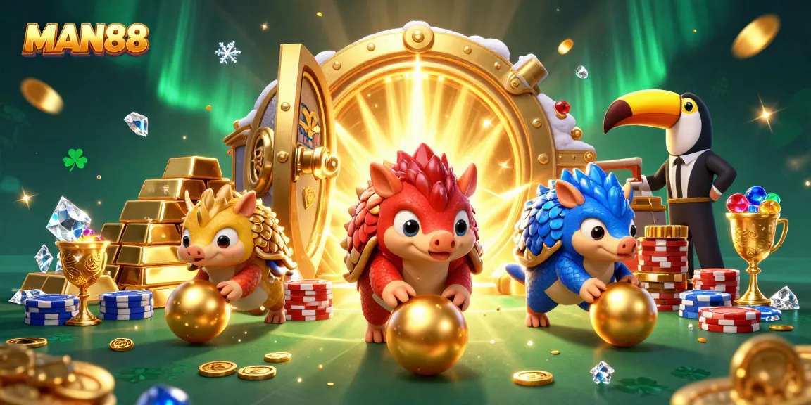 Experience thrilling action at MAN88 with pangolins bowling golden balls amidst poker chips.
